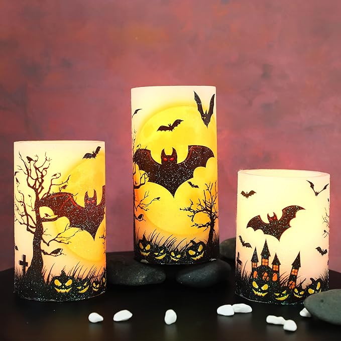 Halloween Decorations LED Candles with Bats Moon Big House Pumpkin Battery Operated Remote Timer Dim Glitter Design Real Wax Realistic Flickering Flameless Pillar for Horror Spooky Decor