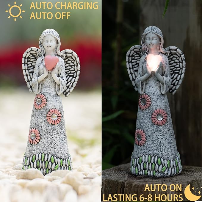 Solar Angel Garden Statue,Garden Angel Figurines,Solar Garden Sculpture with Resin Angel Decor for Patio Lawn Yard Porch Decorations,Housewarming Garden Gift,10.03inch
