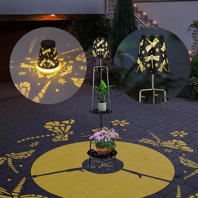 47.2'' Outdoor Metal Solar Floor Lamps with 2 Plant Stand Dragonfly Solar Lights Plant Stand Waterproof Solar Powered Outdoor Lantern Garden Decorative Light for Pathway Patio Porch Deck Yard