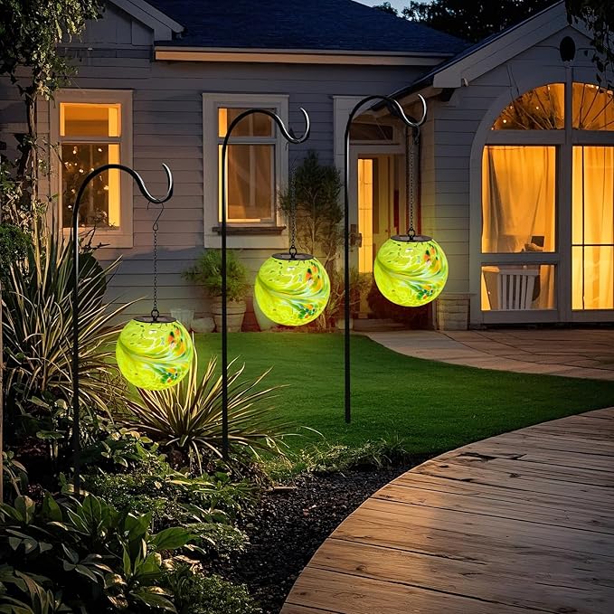 VCUTEKA Solar Hanging Lanterns Outdoor Decoration, Glass Solar Lights with Hook Up, Solar Garden Gazing Ball Light for Yard, Tree and Patio Decor, Yellow