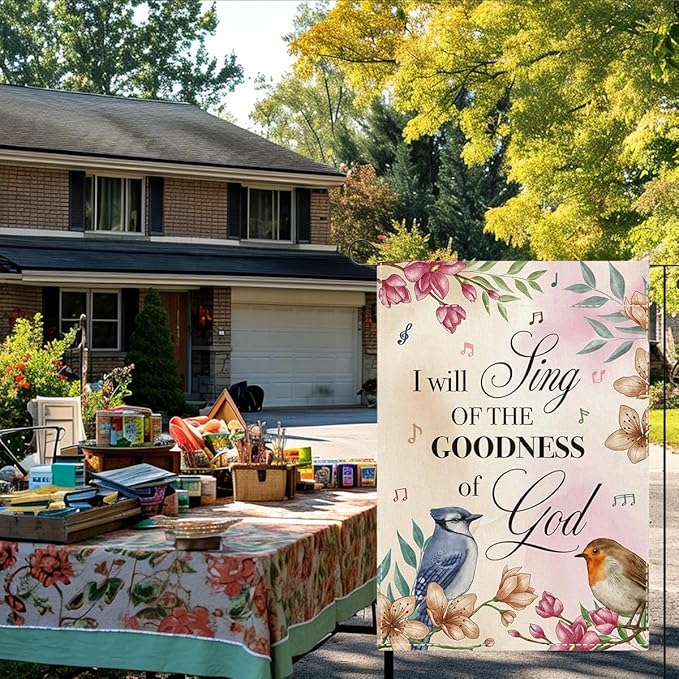 Religion Garden Flag I Will Sing of the Goodness of God Lawn Porch Bible Verse Decor Small Double Sided Burlap art Stained Glass Style Garden Flags 12 x 18 Inch for Outside