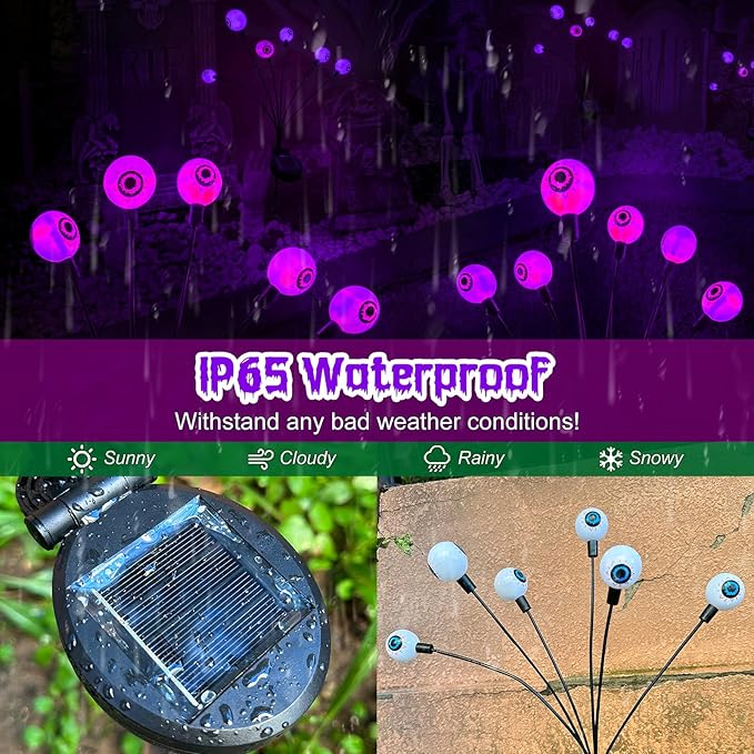 2 Packs 12 LED Scary Eyeball Lights - Purple, Swaying Firefly Lights - Waterproof Solar Halloween Decor for Outdoor/Yard/Garden/Lawn/Party