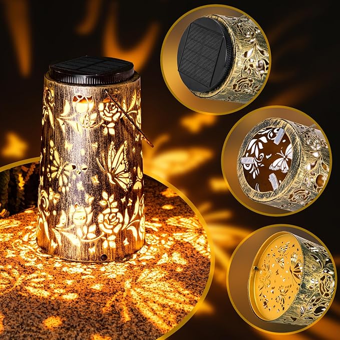 Solar Lanterns Butterfly Warm Cool Light Outdoor Waterproof Metal Decor Home Garden Yard Backyard Porch Table Pathway for Women Grandma Gifts 2pcs