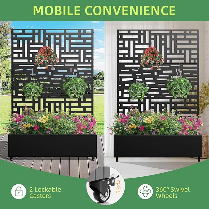 Casaphoria Metal Raised Garden Bed with Trellis and Wheels, 72"x47"x16" Planter Box for Climbing Plants, Vegetables & Vines, Features Drainage Holes and Privacy Screen, Black(Helen&Gerald)