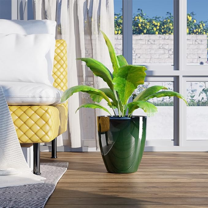 QCQHDU Plant Pots Set of 2 Pack,10 Inch Plant Pot for Indoor and Outdoor Plants with Drainage Hole,Flower Pots Modern Decorative Planter for Garden Plants (Green)