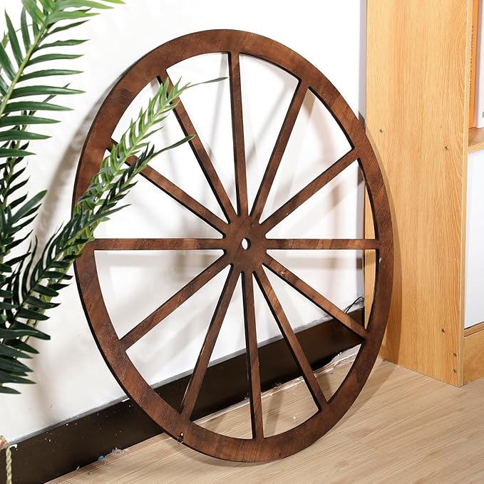 Wood Wagon Wheel Decorative Old Western Style Wagon Wheel Decor Vintage Rustic Wall Hanging Wood Cartwheel Decor for Garden Bar Patio Garage Farmhouse(30 Inch,Brown)
