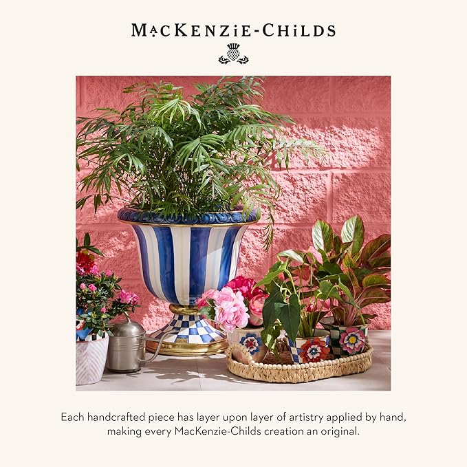 MACKENZIE-CHILDS Enamel Garden Pot, Decorative Pot for Plants, Outdoor Flowerpot Decor, Small, Blue-and-White Royal Check