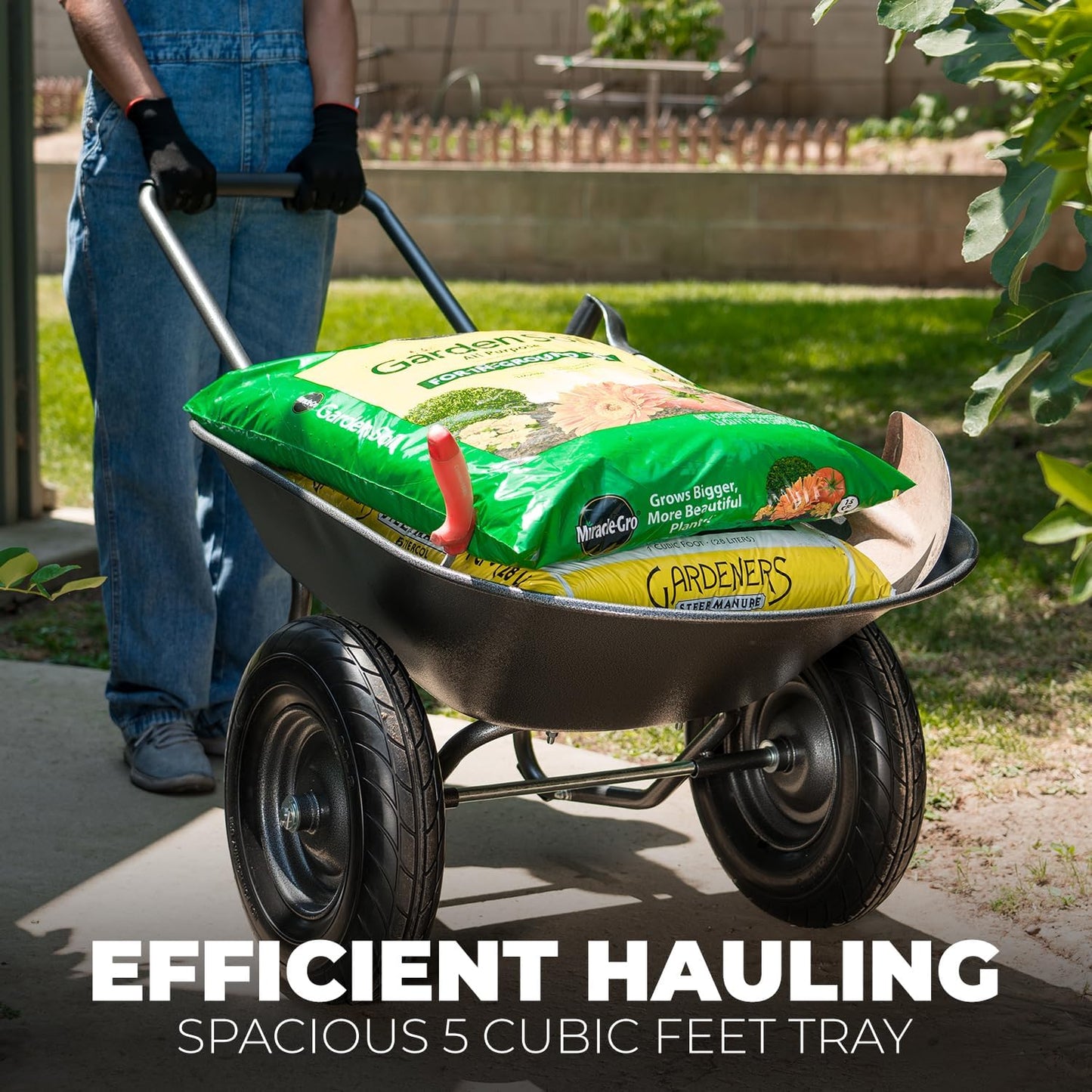 XtremepowerUS Utility Garden Wheelbarrow Garden Cart Dual-Wheel Built-in Stand Flat-Free 16" Tires 330 LBS Capacity 5 cu/ft. Metal Tray