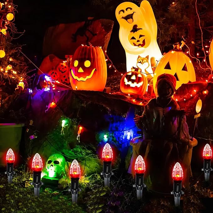 C9 Halloween Pathway Lights Outdoor, 38Ft Halloween Blood Teardrop Pathway String Lights with 25 C9 Flicker Flame Lights, Halloween Decoration Walkway Lights for Outdoor Pathways Gardens and Yards
