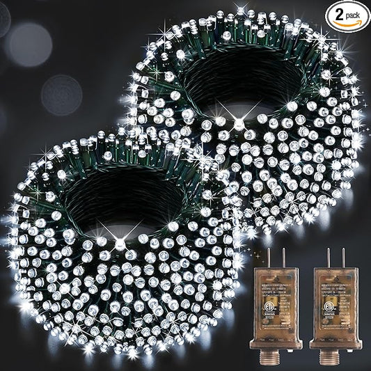 Hezbjiti 2 Pack 1000 LED 403 FT Christmas String Lights Outdoor, 8 Lighting Modes IP44 Waterproof Fairy Lights with Timer and Dimmable Function for Party Tree Decorations (Cold White, Green Wire)