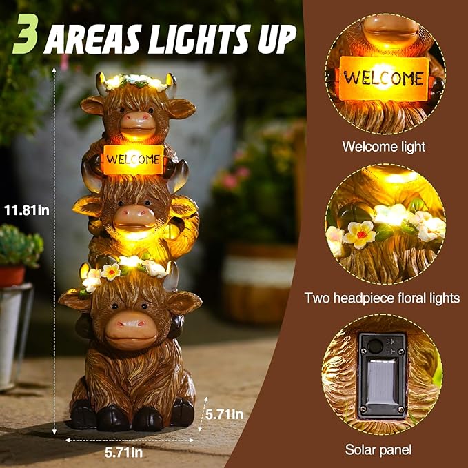 Garden Highland Cow Statue Solar Outdoor Decor with Flower Decoration Funny Triple Highland Cow Decor Birthday Gifts for Women Mom Highland Cows Figurine for Yard Garden Patio Lawn Ornaments