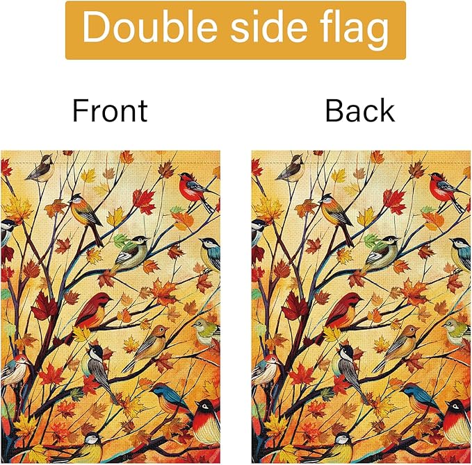 Louise Maelys Welcome Fall Garden House Flag 28x40 Inch Double Sided, Autumn Maple Tree Birds Large Burlap Garden Flag Fall Thanksgiving Outside Outdoor House Yard Decor (Only Flag)