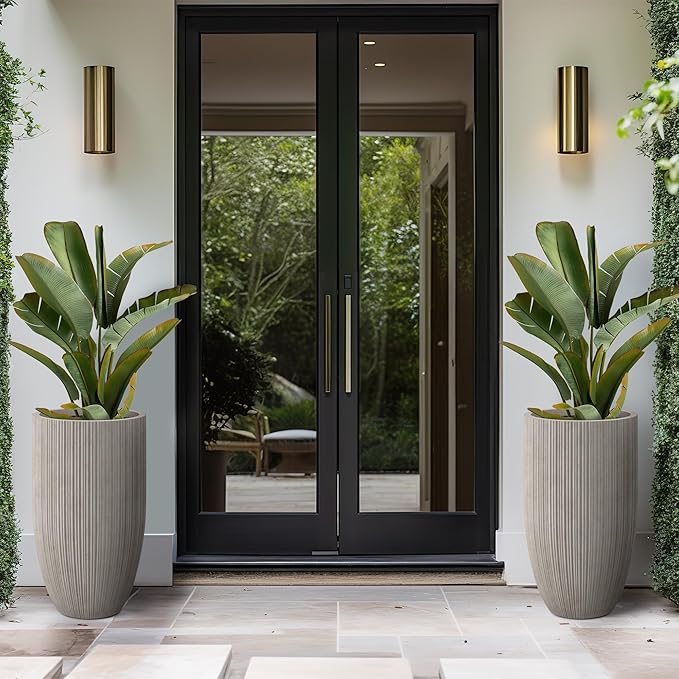 Kante 24 Inch Tall Round Concrete Planter, Large Indoor Outdoor Plant Pots with Drainage Hole and Rubber Plug, Modern Decorative Garden Pots for Home Patio Porch, Textured Weathered Concrete