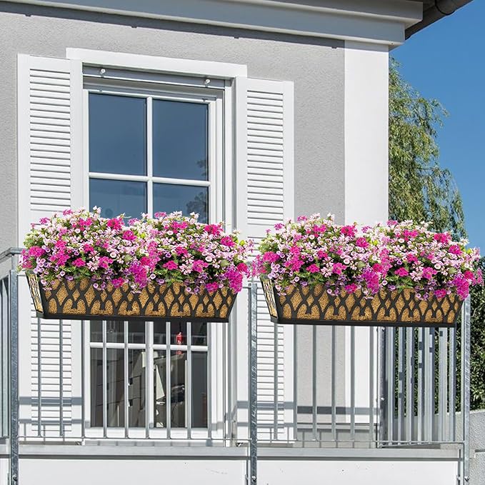 4 Pack 30 Inch Window Boxes Planters Railing Planter Box with Adjustable Brackets for Porch Fence Patio Balcony Hanging Flower Baskets with Coco Liners for Outdoor Garden Decor - Black
