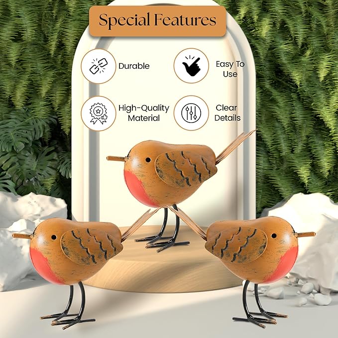 3pc Robin Garden Decor for Outside - Robin Metal Bird Decor Garden Ornaments Outdoor Animal Decorations - Robin Bird Figurine Lawn Ornaments Metal Bird Statues for Garden Decorations Outdoor Decor