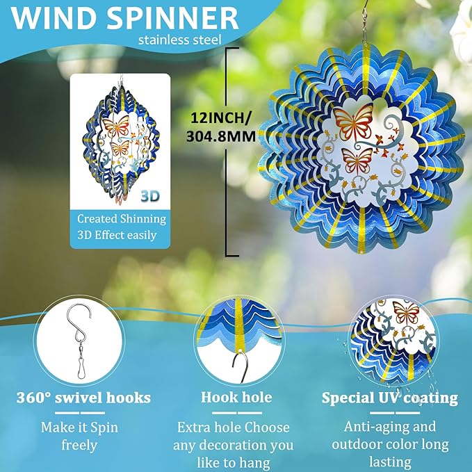 Butterfly Wind Spinner Hanging,12In 3D Wind Spinners Outdoor Butterfly Gifts for Women Mom Grandma Wife Father,Mandala Wind Spinner Garden Decorations Yard Art Christmas Ornament