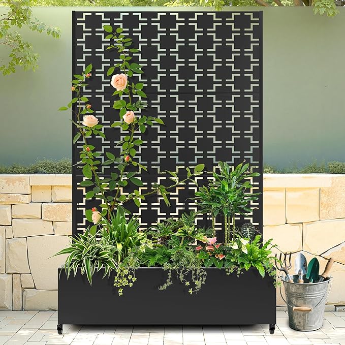 Raised Garden Bed with Trellis and Wheels,73"x47"x16" Metal Raised Garden Bed,Black Squared Metal Planter with Climbing Trellis for Vines & Vegetables