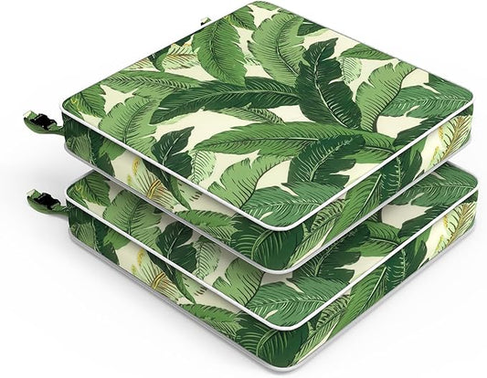 LVTXIII Patio Chair Cushions 19"x19"x3", Water-Repellent Outdoor Seat Cushions for Patio Furniture, Square Chair Pads with Ties for Home Garden Decoration, Set of 2, Swaying Palms Green