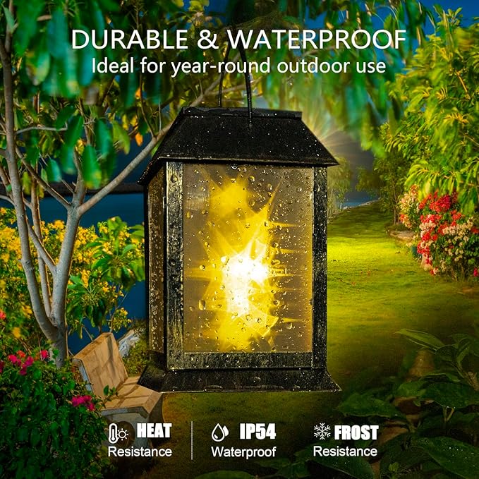 Solar Lanterns Outdoor Waterproof, 3D Hanging Solar Lights, Type-C Rechargeable LED Solar Pathway Lights with 2 Modes (Steady & Flashing), for Garden Decor, Patio, Yard, Camping (1 Pack )