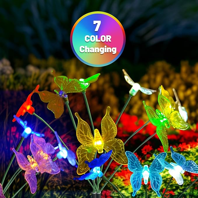 Solar Garden Lights, 2 Pack with 8 Butterfly Swaying Solar Lights Outdoor Decorations, Multi-Color Changing LED Solar Light Stakes, Solar Yard Lights for Garden Patio Lawn Yard Pathway Decor