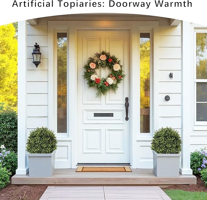 27“ Realistic Artificial Boxwood Topiary Trees Set of 2, Faux Boxwood Plants Outdoor UV-Resistant, No Maintenance Curb Appeal Fake Evergreen Bushes & Shrubs for Front Porch Outside Planter Decor