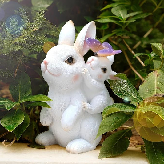 Garden Outdoor Statues Rabbit with Solar Lights,Mother&Baby Bunny Figurine with Solar Butterfly Changing Lights for Yard Art Garden&Patio Decor,Unique Easter&Birthday Gifts for Women Mom Grandma