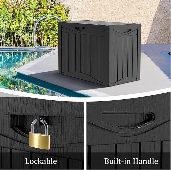 45 Gallon Lockable Resin Deck Box, Waterproof & UV-Resistant Outdoor Storage Box for Outdoor Cushion Storage, Garden Tools & Pool Accessories Storage, Black