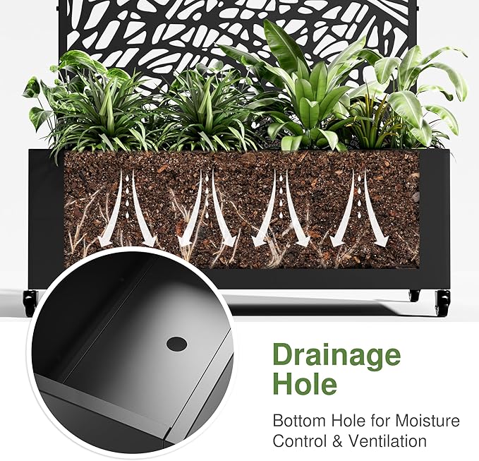 Casaphoria Metal Raised Garden Bed with Trellis and Wheels, 72"x35"x16" Planter Box for Climbing Plants, Vegetables & Vines, Features Drainage Holes and Privacy Screen (Black-Net)