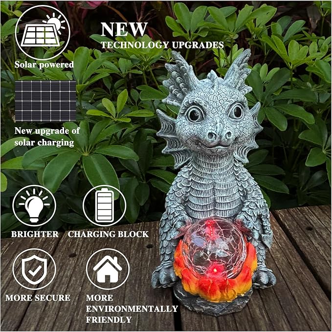 Solar Garden Statue Dragon Figurine with 7-Color Changing Solar Crackle Globe Lights- Loving Dragon for Patio,Balcony,Yard, Lawn-Unique Idea Gifts (Grey)