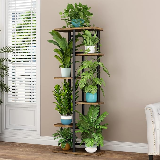LINZINAR Plant Stand 6 Tier 7 Plant Multiple Flower Rack Holder Shelves Rack Storage Organizer Display Indoor Planter for Balcony Bedroom Patio Garden Living Room, Black