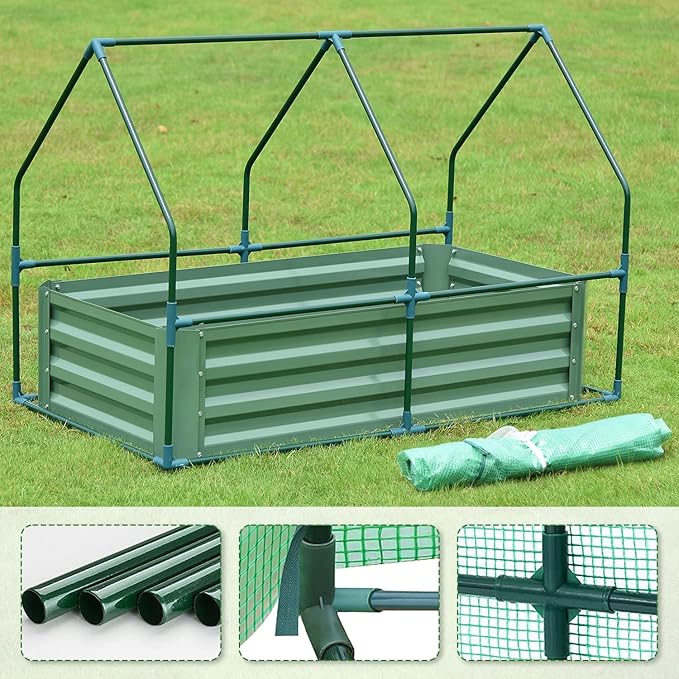Aoodor 4 x 3 x 3 ft Raised Metal Garden Bed, Mini Greenhouse Kit with 2 Roll-up Zipper Doors for Vegetables, Herbs, and Flowers