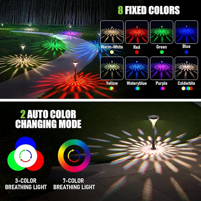 Solar Outdoor Pathway Light, IP65 Waterproof Solar Powered Lights, Multicolored 10 Modes RGB Color Changing, Christmas Decoration for Garden, Lawn, Yard, Patio etc, 6 Pack