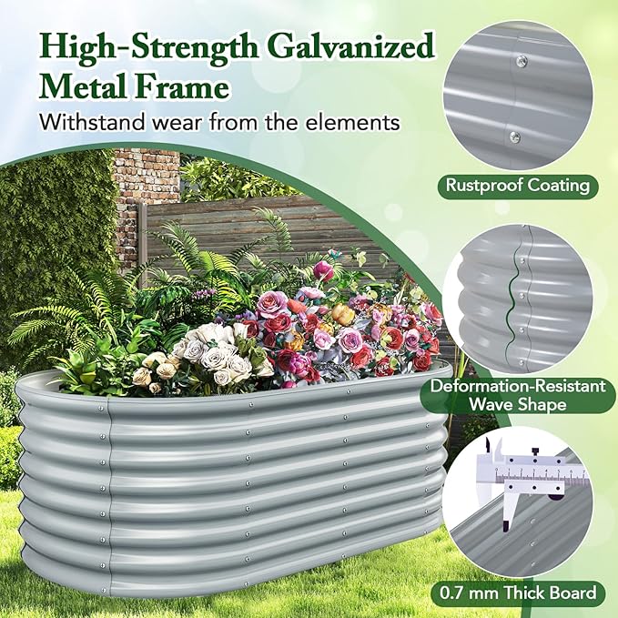 Giantex 5x3x2ft Raised Garden Bed, Large Metal Elevated Oval Planter Bed, 193 Gallon Capacity, Outdoor Planting Garden Box for Vegetable Flower Herb Grow (Grey)