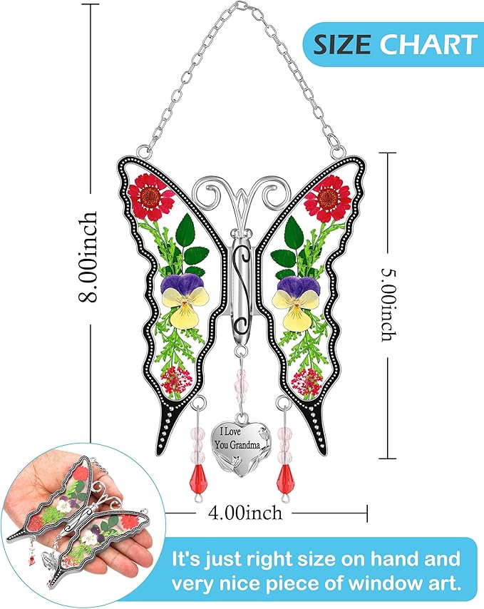 KY&BOSAM Gifts for Women I Love You Grandma Butterfly Suncatcher Stained Glass Suncatchers for Window Hanging Home Decor Garden Wind Chimes Birthday Gifts for Women Mothers Day Valentine's