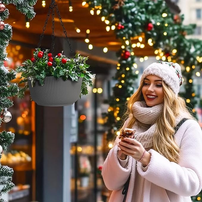 T4U 8 Inch Hanging Planters for Indoor Outdoor Plants, Self Watering Hanging Pot Pack of 2, Hanging Pots with Drainage Hole & Plug & Chain with 3 Hooks for Garden Home Decor, Grey