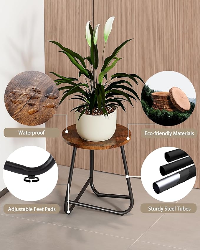 Indoor Plant Stand,Mid Century Wood Stand Plant Table,Modern Plant Stool for Outdoor,Metal Tall Holder for Flower Pots,Small Round Side End Table (Rustic Brown, 19 inch)