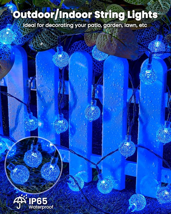 Solar String Lights Outdoor Waterproof, 2 Pack 60 LED 36.5 FT Each, 8 Lighting Modes Solar Powered Patio Lights for Garden Yard Porch Wedding Party Decor (Blue)