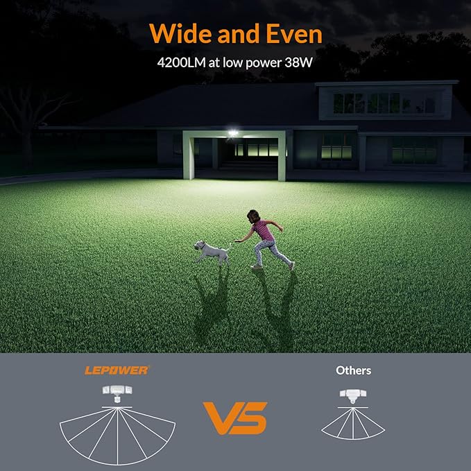 LEPOWER LED Security Light Motion Sensor Light Outdoor, 38W 4200LM Motion Security Light, 5500K, IP65 Waterproof, 3 Head Motion Detected Flood Light for Garage, Yard, Porch (Not Solar Powered, Brown)