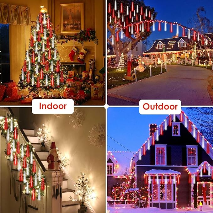 Solar Meteor Shower Lights Outdoor Waterproof, Christmas Decorations Lights Solar Powered, 16 Tubes 384LED Rain Drop Lights, Snow Cascading String Lights for Tree Party Garden Decor (Red and White)