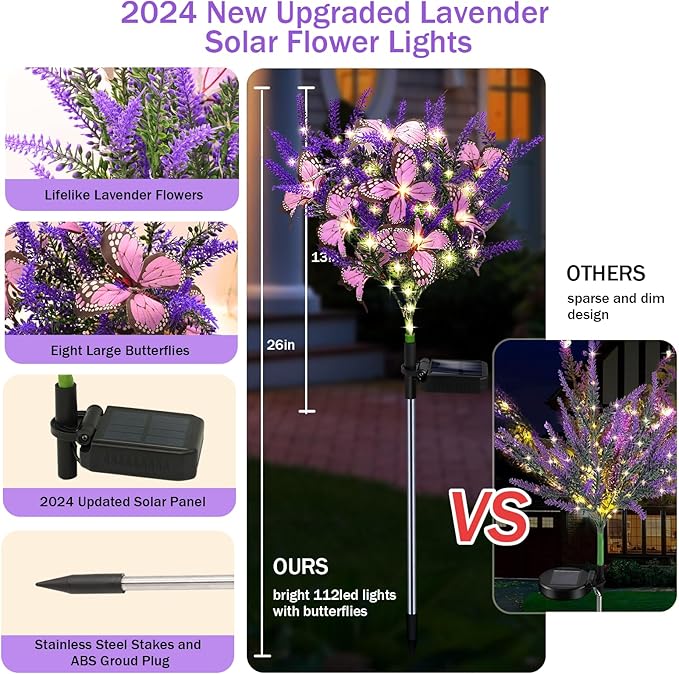 Solar Garden Lights Outdoor, 4 Pack Purple Lavender Solar Butterfly Lights Gardening Gifts for Women, Solar Artificial Flower with Butterfly Purple Garden Decor for Lawn Patio-Warm White