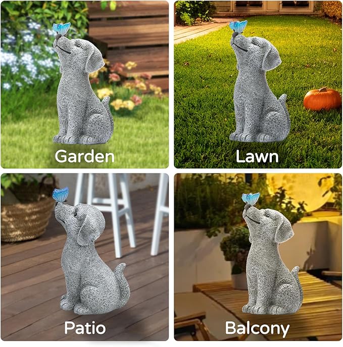 Solar Garden Outdoor Statues Dog with Butterfly Lights, Lawn Decor Puppy Figurine for Patio Balcony Yard, Yard Unique Christmas Birthdays Gift for Mom Grandma