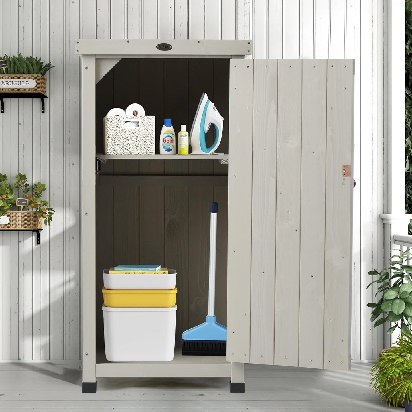 Outdoor Storage Cabinet for Patio, Garden Potting Bench Table with Shelves & Metal-Tabletop, Wooden Planting Work Station, Weatherproof