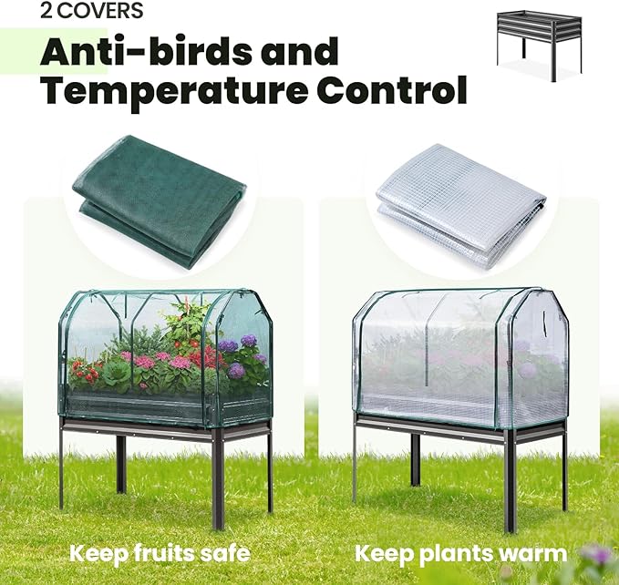 KING BIRD Large Raised Garden Bed with Cover & Netting Galvanized Elevated Planter Box with Legs 48×24×56 in for Backyard, Patio, Balcony, 400lb Capacity, Dark Grey