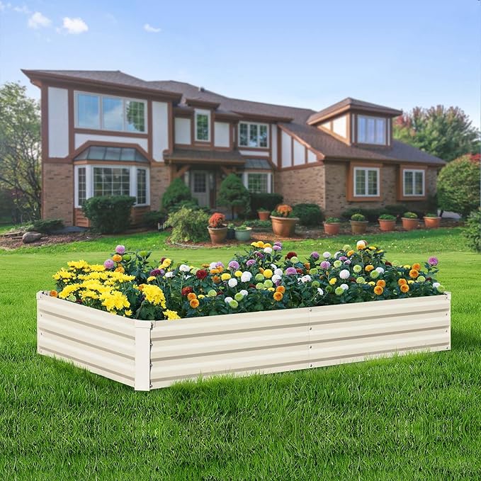 Raised Garden Bed Outdoor, 8x4x1ft Garden Box, Beige Garden bed, Metal Raised Garden Bed for Gardening Vegetables Flowers, Planter Box, Raised Bed