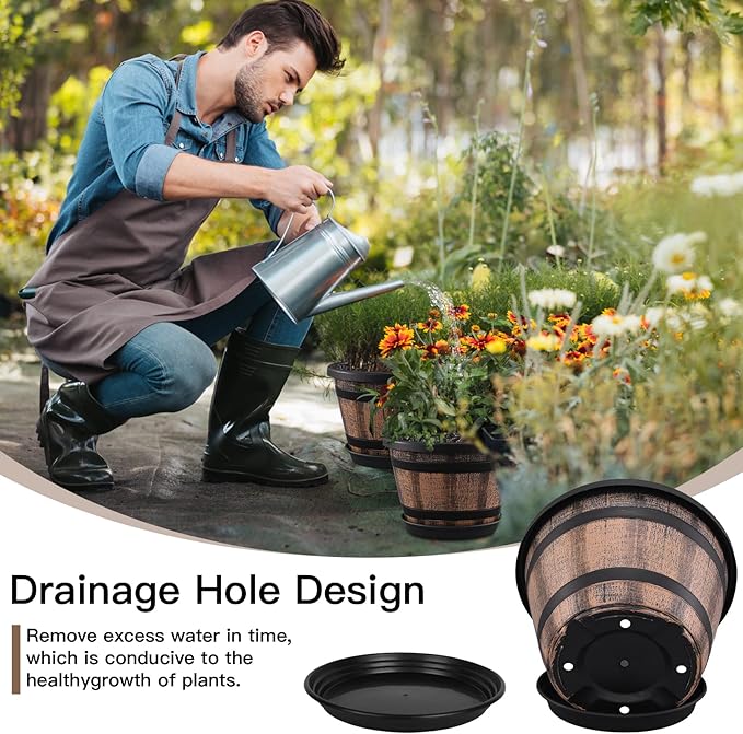 Quarut Plant Pots Set of 4 Pack 12 inch,Large Whiskey Barrel Planters with Drainage Holes & Saucer.Plastic Flower Pots Imitation Wine Barrel Design, for Indoor & Outdoor Garden Home Plants (Brown)