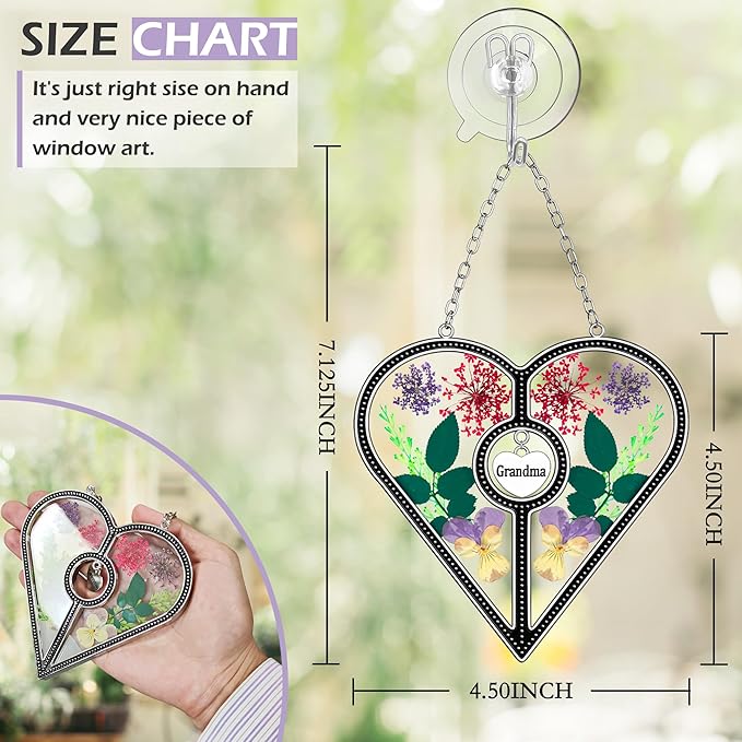 KY&BOSAM Heart Suncatcher Grandma Stained Glass for Windows Hangings Ornament Wind Chimes with Pressed Real Flower Heart Embedded in Glass Birthday Gifts for Women Grandma Mother`s Day Christmas Decor