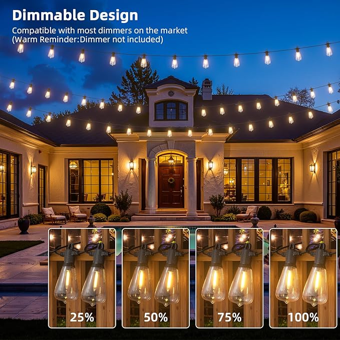 FOOMAN LED Outdoor String Lights, 150FT Outside Waterproof Patio Lights with 72+3 Shatterproof ST38 Edison Bulbs, 2700K Warm White Hanging Light, Dimmable Light for Back Yard Porch Party Gezebo