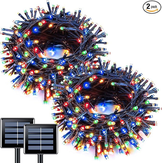 JMEXSUSS 2 Pack Solar String Light 100LED 32.8ft 8 Modes Solar Christmas Lights Waterproof for Gardens, Wedding, Party, Homes, Christmas Tree, Curtains, Outdoors (Multicolor)