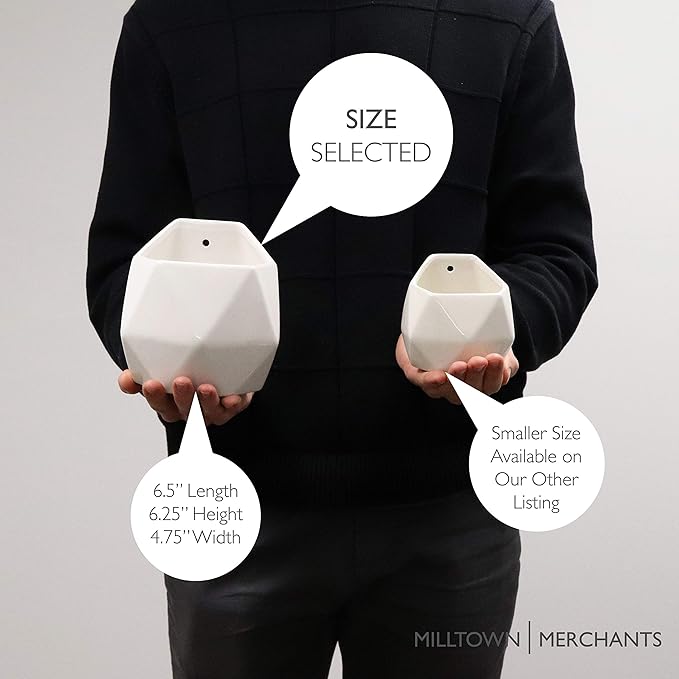 Milltown Merchants Succulent Wall Planters - White Ceramic Mounted Planters - Succulent Pots - Hanging Vases for Living Wall (1 Pack/Geometric/White)