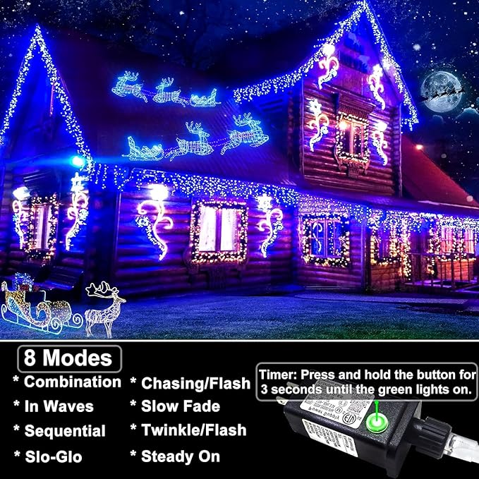 99ft Icicle Lights for Outside, Blue Christmas Lights Outdoor Indoor, 1216 LED Twinkle String Light with 228 Drops Short Curtain Lights for Thanksgiving Room Home Wall Bedroom Window Tree Decorations